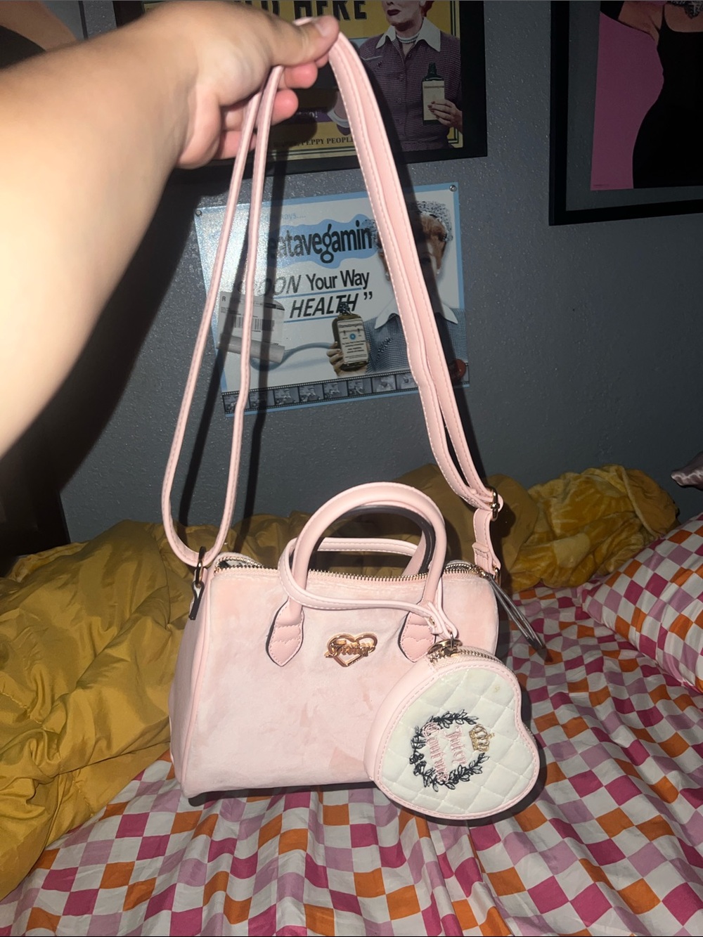 Juicy Couture Pink Heart Accent Small Satchel Handbag and Heart Coin Purse